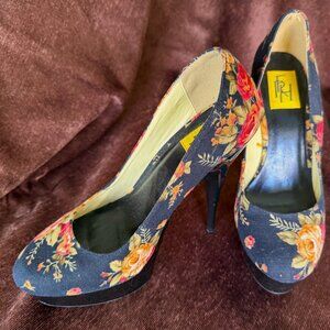 RFH Platform Stiletto Heels, Black Orange and Red Floral, Size 9.5, Worn Once